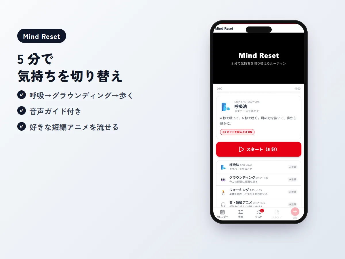 Mind Reset の画面。呼吸法・グラウンディング・ウォーキングなど5つのステップ