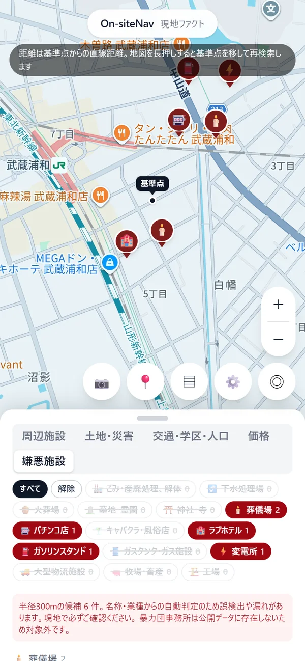 嫌悪施設タブ。白幡5丁目を基準にした半径300mの施設のピン