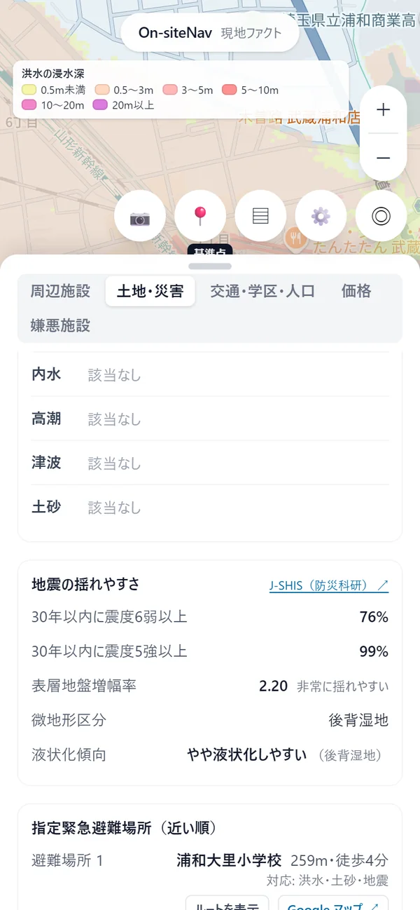 この地点の判定。地震の揺れやすさ、液状化、避難場所