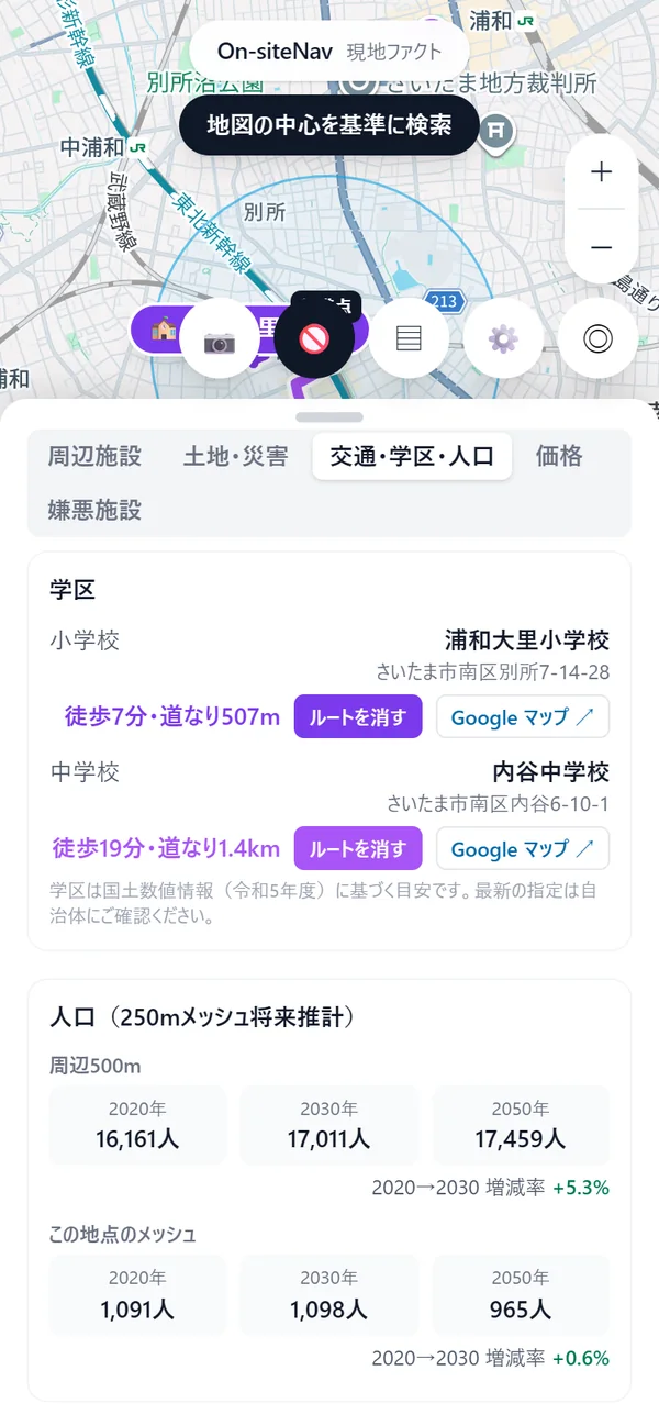 学区と徒歩時間、人口の将来推計