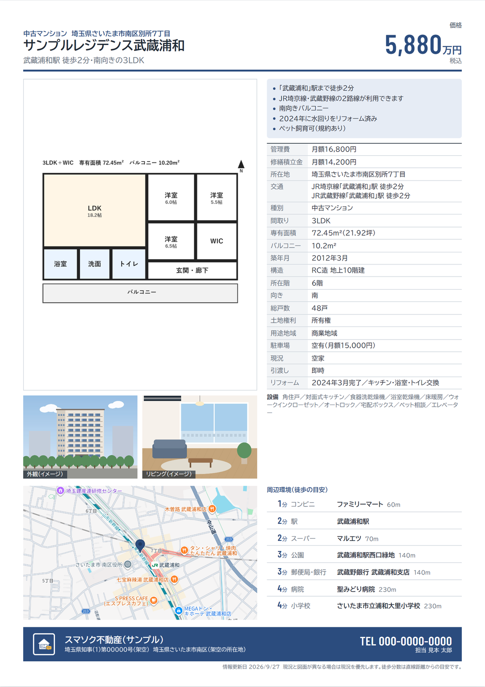 A4・1枚に収まった販売図面。間取り図、写真、物件概要、地図、周辺施設、会社情報の帯